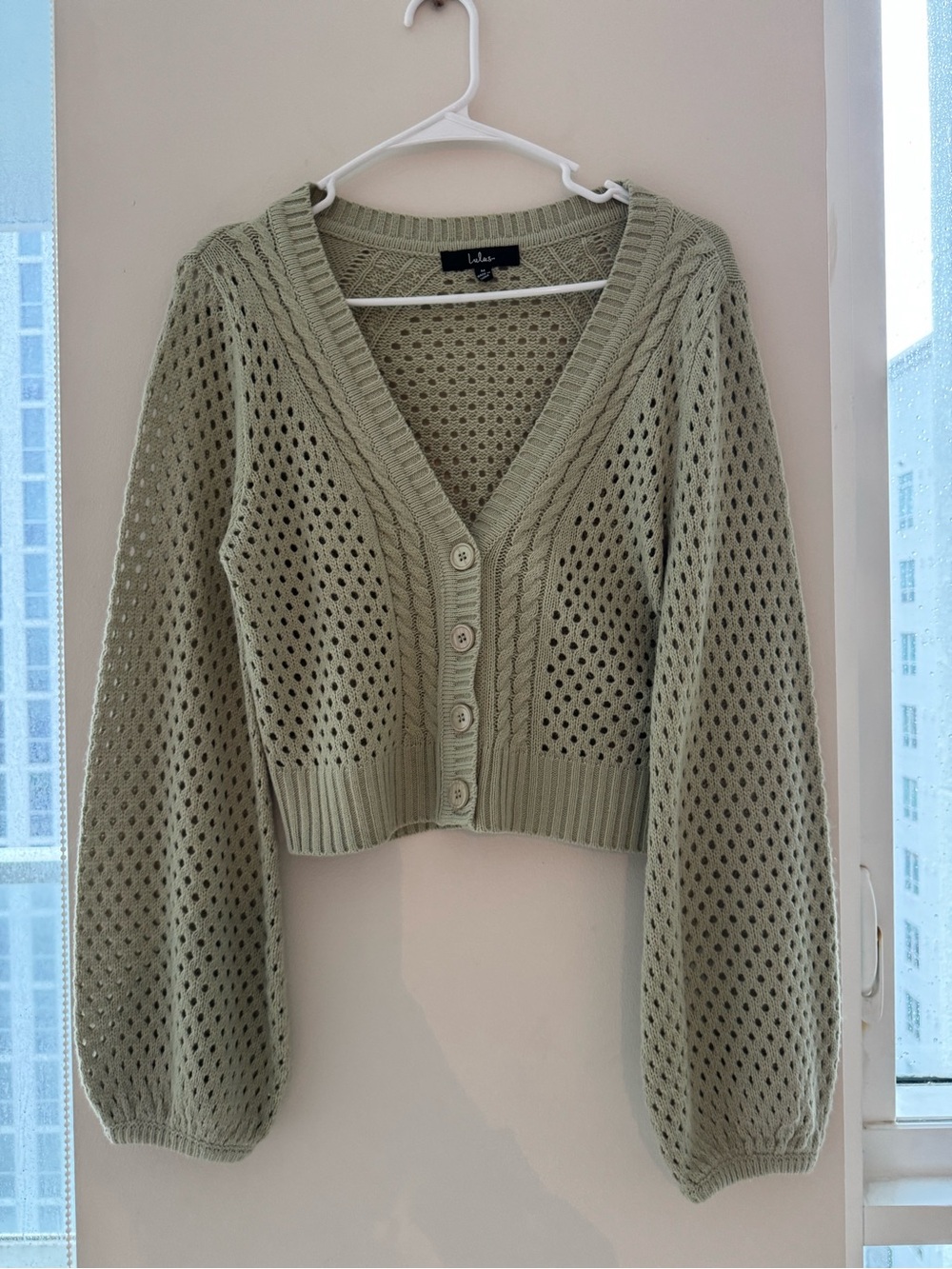 Lulu's Light Sage Open-Knit Balloon Sleeve Button Cardigan